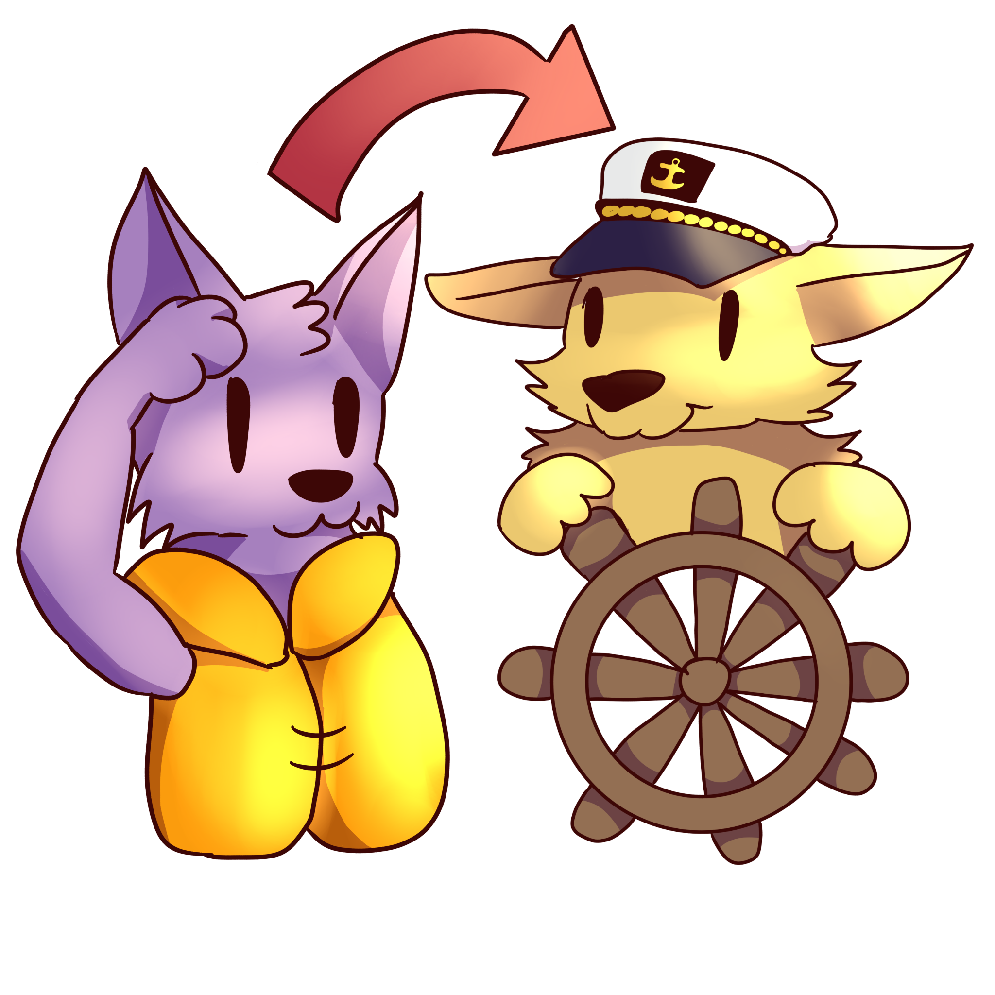 a blue cat in ab orange life jacket saluting a yellow fox in a captain's hat. an arrow points between them